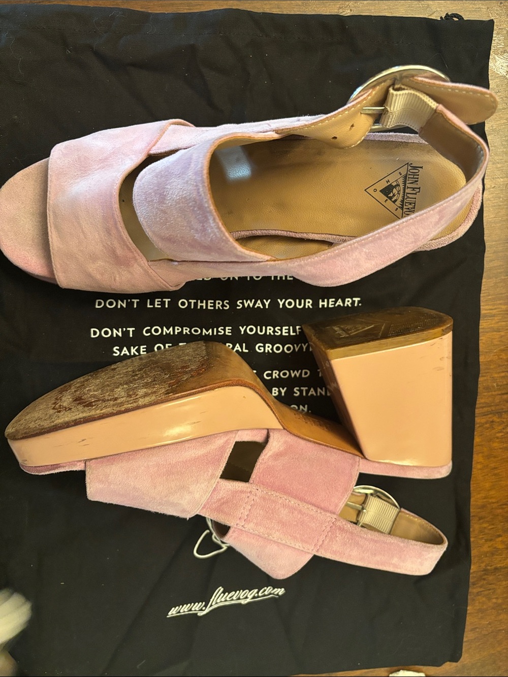 John Fluevog Blush Pink Suede Platform Wedge Sandals